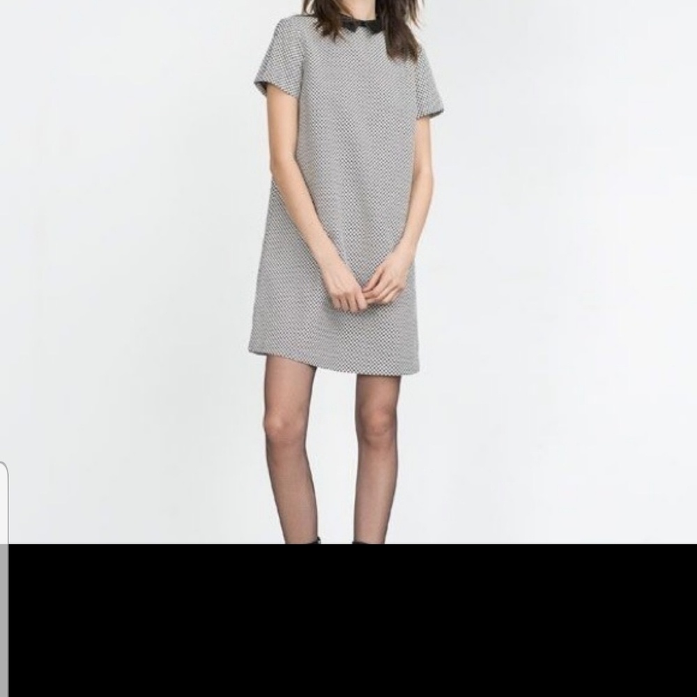 Zara houndstooth faux leather collar dress Size L